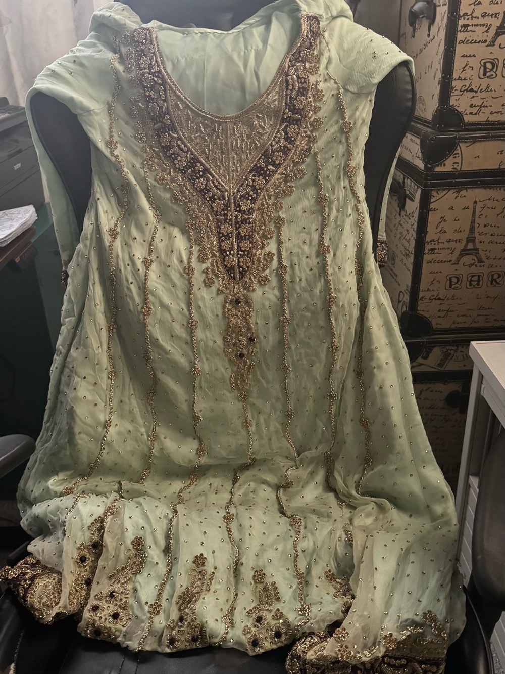 Mint Green Embellished Formal Dress with Gold Beading